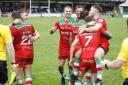 Cougars celebrate a try against Hunslet last season - they will open next year's campaign against the Leeds side