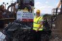 Councillor Sarah Ferriby with the vans crushed at European Metal Recycling’s Bradford depot