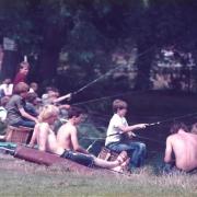 Boys fishing at the lake in Nunroyd Park in 1984