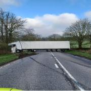 Lorry blocking road at Blubberhouses
