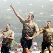 James Hanson celebrates his goal at Aston Villa