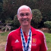 Andy Locke with his clean sweep of national and international medals as well as a “new nose” Picture: Exin Masters World Cup 2018