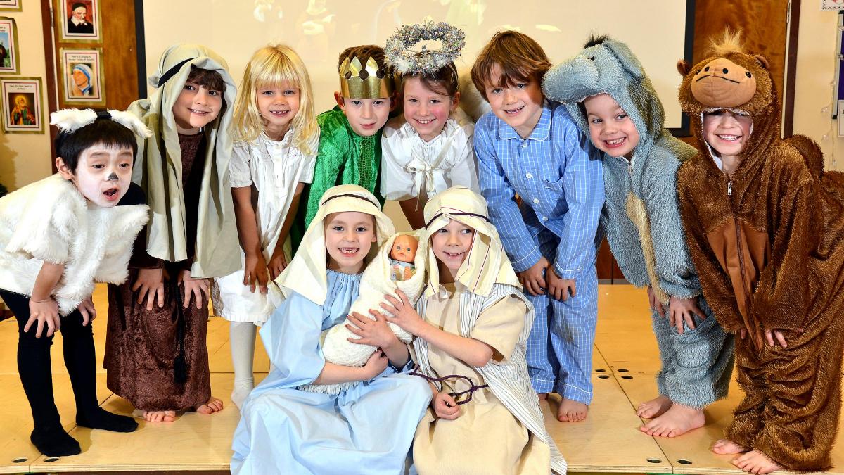 Sacred Heart Primary School in Ilkley. Reception and KS1 perform Jesus Christmas Party. Pictured are Isabella Salvini and Thomas Byrne as Mary and Joseph with Ian Fong, Edward Robertson, Gemma Knight, Matthew Priestley, Kiera Sykes, Frankie Curran, Edward