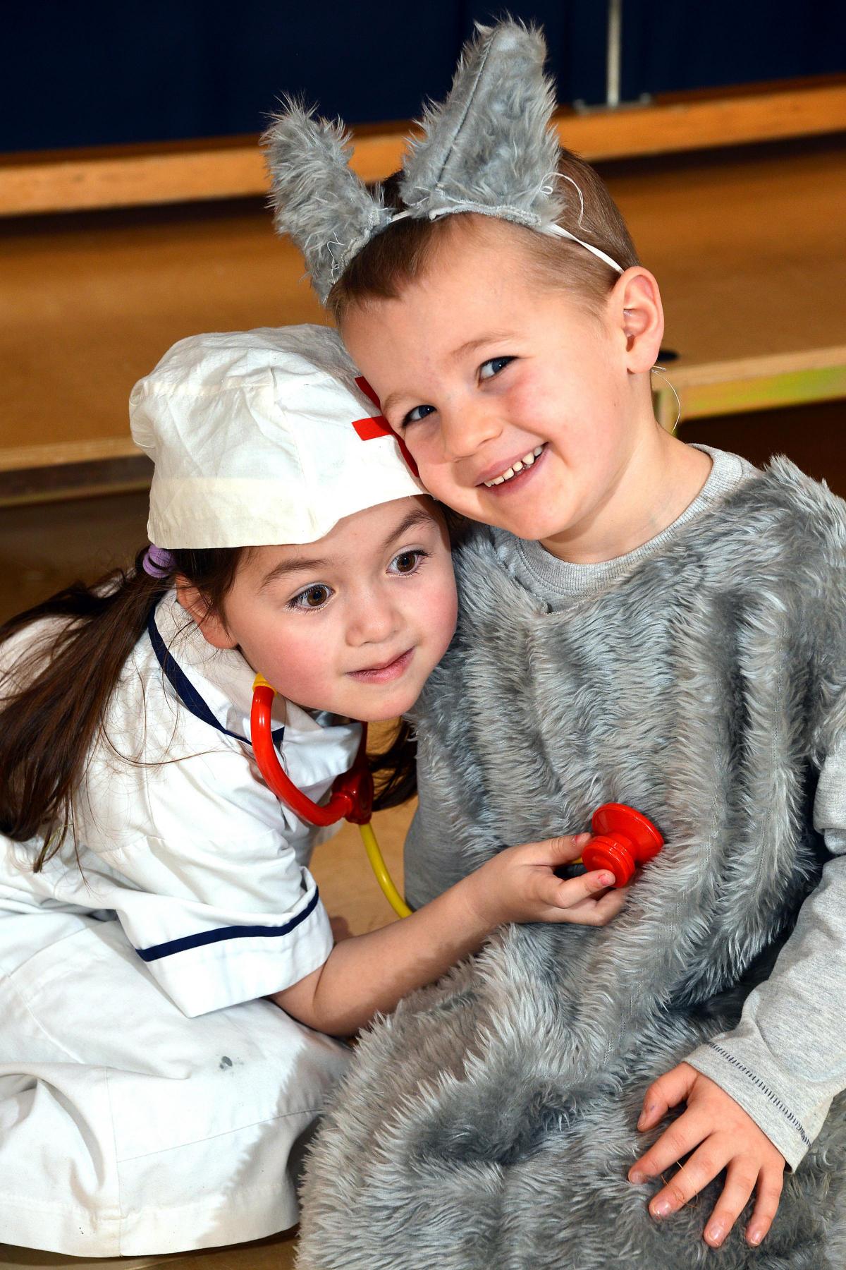 Thomas Babb, four, and Reeva Bennett, five, perfom in  'A Midwife Crisis' at All Saints C of E Primary School, Ilkley 