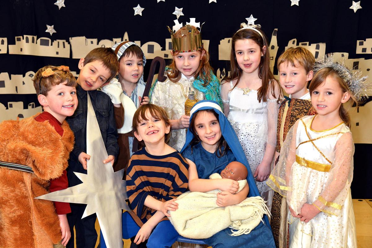 Burley Oaks Primary School Christmas play, from left, Toby Copeland, Dawid Torczyca, Joy Halifax, Ursula Reynolds, Ruby Armstrong-Davies, George Lofthouse and Lucy Coelho, with Mary and Joseph played by Mariella Evie-May and Joseph Donohue