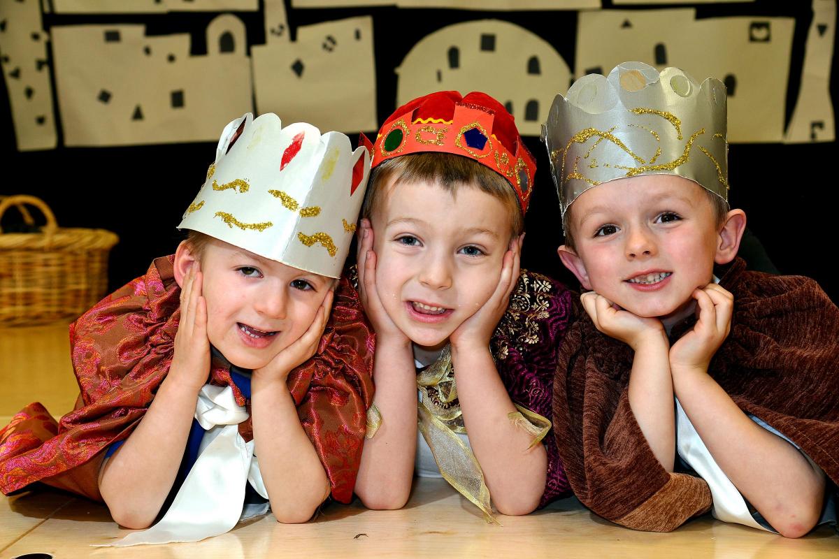 Burley Oaks Primary School's reception class perform 'Nursery Rhyme Nativity'. The three kings, George Webster, five, Logan Kelly, five, and Charles Scott, five
