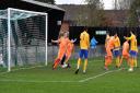 Liversedge (orange) celebrate an Oliver Fearon goal in the reverse fixture, a 5-3 win in October. He scored twice on Saturday too, taking his tally of league goals this season to 16 in 22 games Pic: Richard Leach
