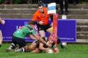 Sam Hodge scoring a try for Otley. Picture: Mike Ingley