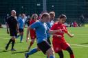 Bradford United (Phœnix) in their new red kit.  Action from the draw with Tyersal (in blue)