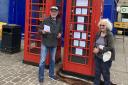 The poetic phone box in Otley. Pictured are Kevin Hellowell and Jane Kite, who between them inspired the initiative