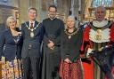 Attendees at the service (l-r): HM Deputy Lieutenant Suzanne Watson, Ilkley Town Mayor Councillor Mark Stidworthy, Father Alexander Crawford (Vicar of St Margaret's), Helen Love (Lady Mayoress of Bradford), The Right Worshipful the Lord Mayor of
