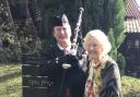 Mary Greaves celebrates her 101st birthday, pictured with piper Malcolm Smith