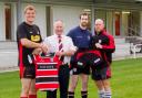 New signing James Spencer, rugby chairman Andrew Munro, Pete Small and player-coach Steve Graham show off Ilkley's new kit. Picture: ruggerpix.com