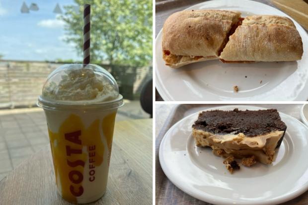 Wharfedale Observer: (Left) Tropical Mango Bubble Frappé (top right) Chicken & Chorizo Panini (bottom right) Chocolate & Caramelised Biscuit Loaf Cake (Katie Collier/Canva)