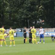 Guiseley (white) faced off with AFC Fylde on Saturday. Pic: Alex Daniel
