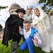 The Alhambra pantomime cast for 2015 Guide to promoteJack and the Beanstalk. The cast is Billy Pearce, Lisa Riley, John Challis and Jake Canuso
