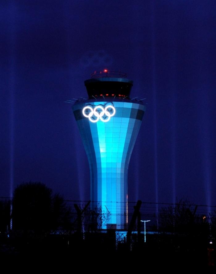 The latest Olympic Rings installation on the side of the new Air Traffic Control tower at Birmingham Airport.