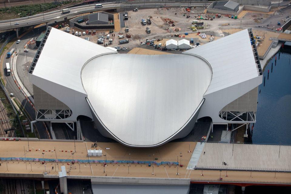 Aerial view of the Olympic Park showing the Aquatics Centre.