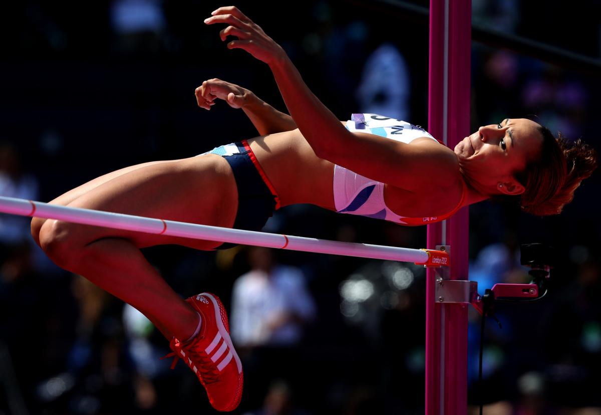 Jessica Ennis competes in the high jump during the Heptathlon at the Olympic Stadium