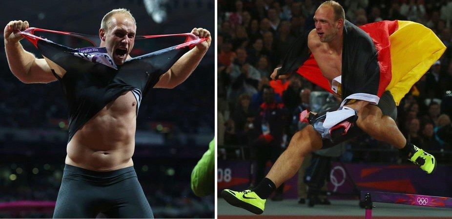German discus winner Robert Harting tears off his shirt, then decides to give the hurdles a try as he celebrates his gold medal...